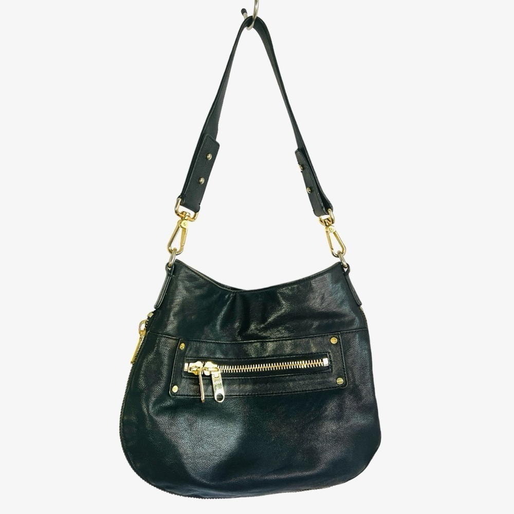 MILLY BLACK LEATHER HOBO BAG GOLD ACCENT ZIPPER  DESIGN SHOULDER BAG